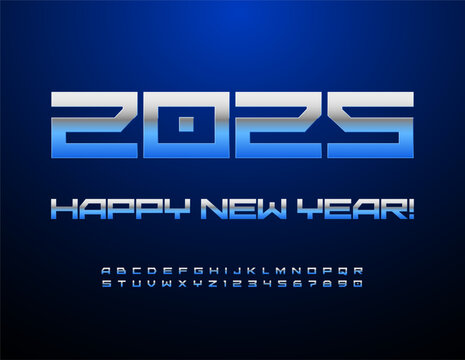 Vector trendy Greeting Card Happy New Year 2025! Blue SilverFont. Metallic set of Unique Alphabet Letters, Numbers and Symbols