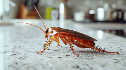 Close-up of a cockroach on a kitchen countertop in a household setting
