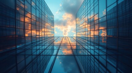 Glass buildings with window reflections set against a cloudy blue sky landscape.