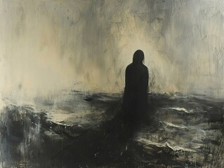 Obraz premium Silhouette in a Foggy Sea: A Painting of Solitude and Reflection
