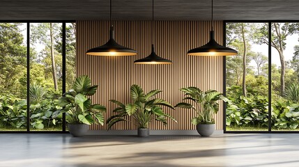 Modern Interior Design with Wooden Wall and Green Plants Plain Textured Background for Web Design and Copy