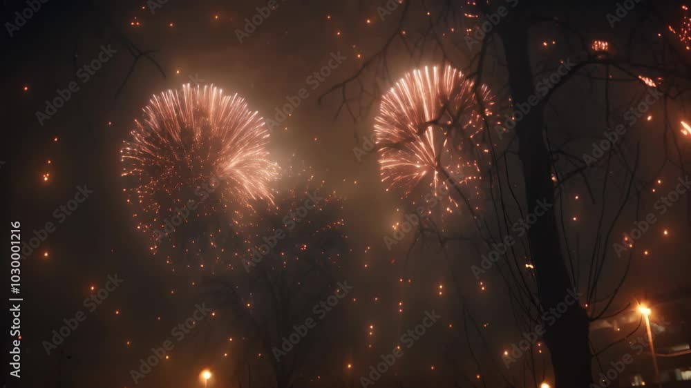 Poster fireworks explode in the night sky, illuminating bare tree branches in the foreground, sparklers and