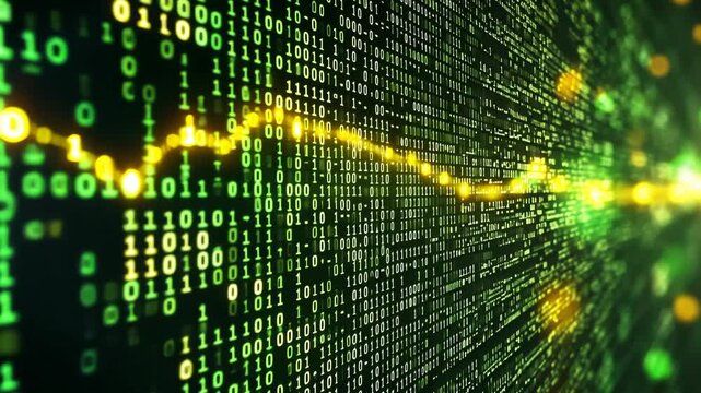 A close-up of a screen filled with green binary code, illuminated by a yellow line of data