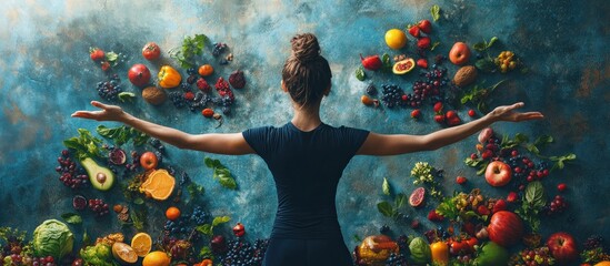 Woman standing with arms outstretched amidst a variety of colorful fruits and vegetables, showcasing the abundance of healthy options available for a nutritious diet.