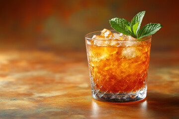 Refreshing Summer Drink Made With Apricot Puree, Served In A Clear Glass With Ice And Mint Leaves, Set Against A Bright, Cheerful Apricot-Colored Background
