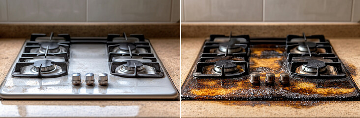 Before and after gas stove cleaning