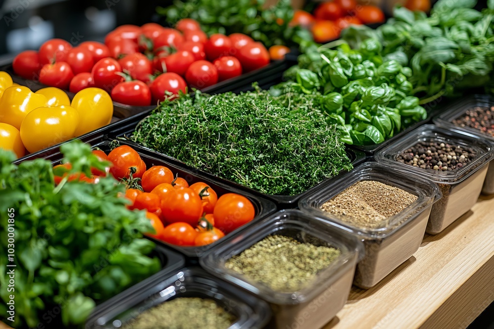 Sticker Fresh tomatoes, herbs, and spices in containers on a wooden counter.