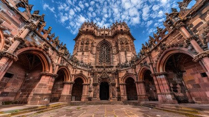 Fototapeta premium Ornate Stone Chapel with Arched Entryways and a Stained-Glass Window