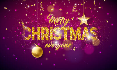 Fototapeta premium Merry Christmas and Happy New Year Illustration with Gold Glittered Typography Letter and Falling Confetti on Shiny Background. Vector Holiday Season Design for Greeting Card, Party Invitation or