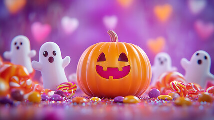 cute cartoon pumpkin surrounded by colorful candy and playful ghosts