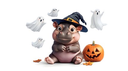Naklejka premium Adorable Halloween Figurine of a Cute Cartoon Hippo Wearing a Witch Hat and Embracing a Glowing Pumpkin