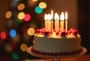 A beautifully decorated cake with lit candles, adorned with red berries, sits on a stand. The background is softly blurred with colorful bokeh lights, adding warmth and festivity