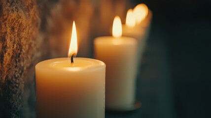 Ornate church candles illuminate an ancient stone chapel, evoking a sacred and spiritual atmosphere.