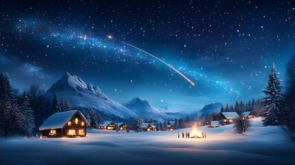 Fototapeta premium Serene Midnight Countryside Landscape with Cozy Cabins and Starry Sky on New Year s Eve