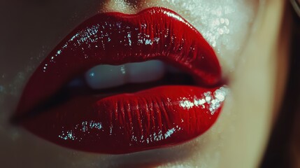 Sexy Lips. Glossy and seductive Lips. Woman’s lips applying bright red lipstick. Beautiful woman lips. Glossy Lips.
