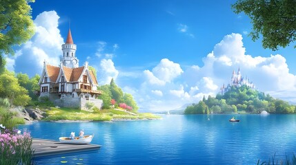 Whimsical Fantasy Lakeside Scene with Cartoon Castle and Boat