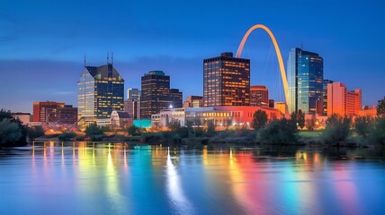 Fototapeta premium City Skyline at Dusk with Illuminated Arch Structure and Reflections on Tranquil River
