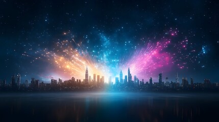 Captivating Cityscape Illuminated by Vibrant Fireworks Display in the Night Sky