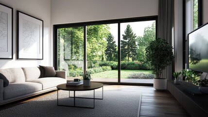Fototapeta premium Stylish modern living room with open folding doors revealing a lush garden, perfect for summer relaxation.