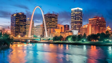 Fototapeta premium Iconic Gateway Arch in St. Louis with Red Hue, Park Landscape, and Mississippi River Background