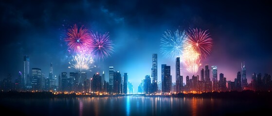 Obraz premium Dazzling Fireworks Over a Vibrant Cityscape on New Year s Eve