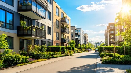 A sunny urban street lined with modern apartment buildings, lush greenery, and clear blue skies, creating a lively and inviting atmosphere.