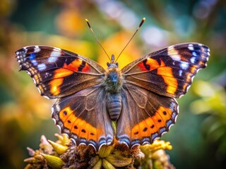 Naklejka premium A marvel of macro photography reveals the splendid Vanessa Atalanta butterfly in full winged glory, emphasizing its exquisite patterns and vibrant hues that enchant every observer.