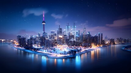Obraz premium Majestic Snowblanketed City Skyline Shimmering with Festive Lights on New Year s Eve