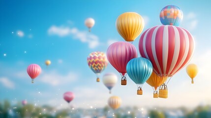 Vibrant Hot Air Balloons Soar in Dreamlike Aerial Display Over Scenic Countryside Landscape