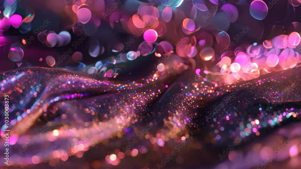 Poster a close-up of a textured, sparkly fabric with iridescent particles reflecting colorful lights in the