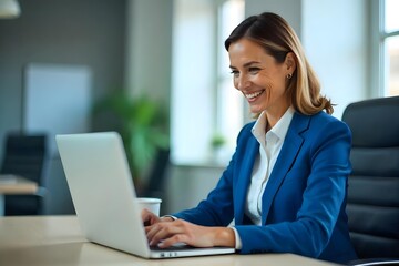 Happy busy mature business woman entrepreneur in office using laptop at work, smiling professional middle aged female company executive manager working looking at computer at workplace