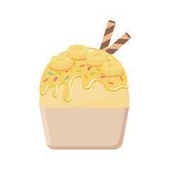 Banana ice cream with wafer rolls vector illustration. Fresh fruit and sweet dessert.