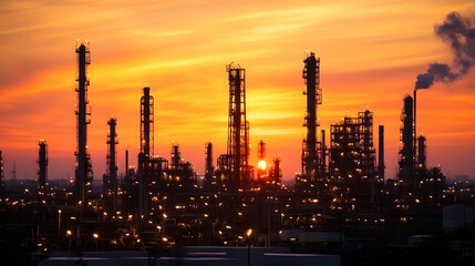 Fototapeta premium A large industrial plant with many tall smokestacks. The sky is a beautiful orange and pink color