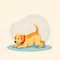 Playful dog bending down on blue yoga mat.