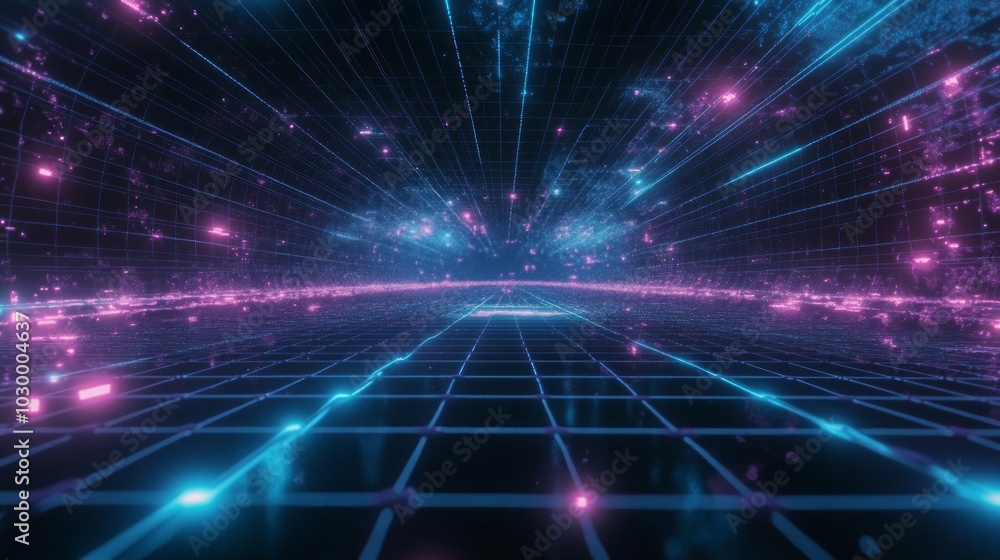 Poster a futuristic abstract background with a grid pattern and glowing blue and pink lines.