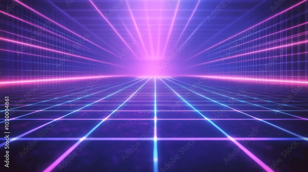 Poster a futuristic neon grid with glowing lines extending to a bright light in the distance, creating a se