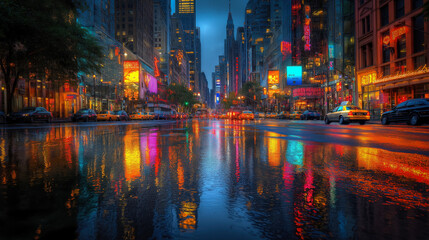 Obraz premium Wallpaper Featuring A Dark, Rain-Soaked City Street Reflecting Neon Lights, Creating An Atmosphere Of Intrigue And Solitude