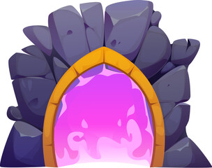 Fantasy game magic portal door, witchcraft game asset. Cartoon vector stone arch, mysterious teleport entry with glowing pink energy and rocks. Mystical and magical time travel adventure doorway gate