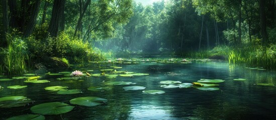 Tranquil river flowing through a lush green forest with lily pads and a misty morning atmosphere.