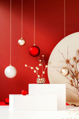 Empty white cylindrical podium with Christmas balls on red background. Christmas sale and winter holidays concept.