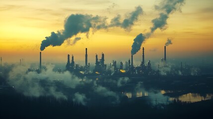 Obraz premium A painting of a city with a large oil refinery and a large oil tank. The sky is orange and the sun is setting