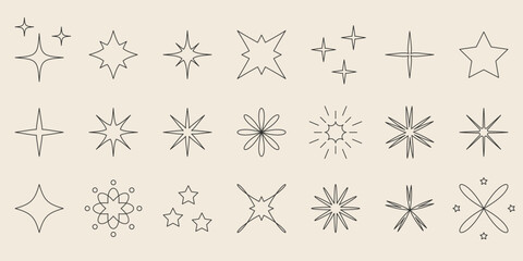 Blinking stars, sparks and sparkles set in outline style. Abstract single line shine effect sign. Shining twinkle sunburst shapes collection. Vector illustration	