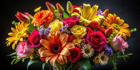 An exquisite floral arrangement set against a deep black background, ideal for sophisticated decor and design, featuring a vibrant bouquet for added elegance and charm.