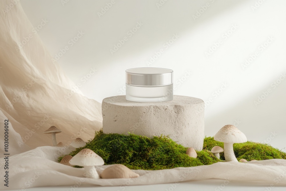 Wall mural minimalistic still life with cosmetic jar on concrete pedestal surrounded by moss and mushrooms - pe