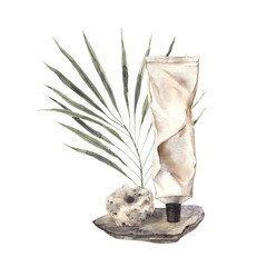 Cream in a crumpled tube for hands or body, realistic stones and botanical palm leaf. Watercolor hand-drawn illustration for eco-branding of cosmetics, packaging, beauty blogs, postcards, banners