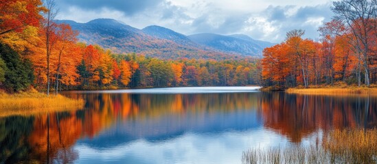 Fototapeta premium Autumn foliage reflects in a still lake, creating a scenic and colorful landscape with mountains in the background.