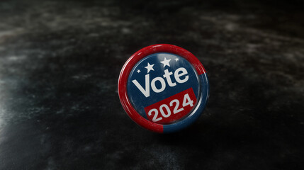 Na przycisku wyborczym w barwach amerykańskich, przedstawiającym odcienie czerwieni, bieli i niebieskiego, widnieje wyraźny napis Vote 2024. © Sawyer0