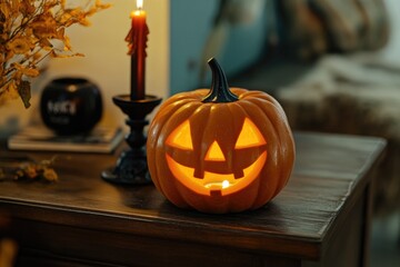 Lit Jack-o'-Lantern on a Wooden Table with a Candle in the Background