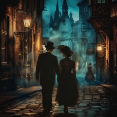 Fototapeta premium Vintage Couple Walking, Night City Street, 1920s Elegant Woman and Man in Old Historical Town