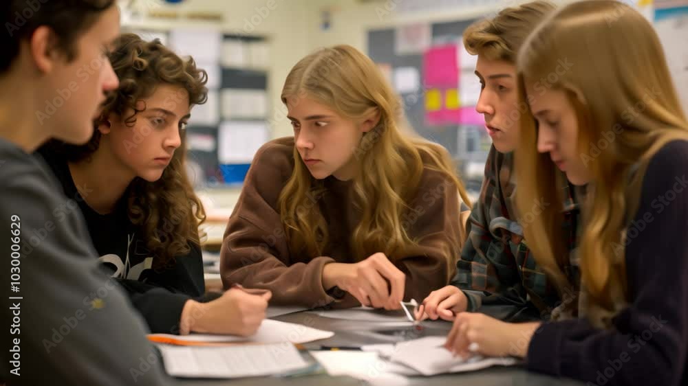 Poster four students working together on a project in a classroom setting, students collaborating on a grou